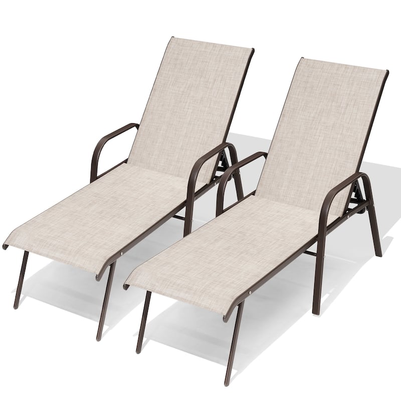 Set of 2/4 Lounge Chairs Outdoor Chaise Lounge with Arms and Adjustable Back - Beige - 2PC