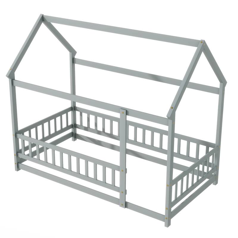 Twin Size House Floor Wooden Bed with Roof Frame,Safety Guardrails