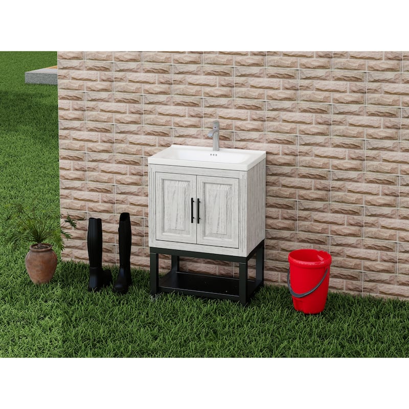 GDFStudio - CompactLine Modern Freestanding Bathroom Vanity with Ceramic Sink and Open Shelf - 24 Inch