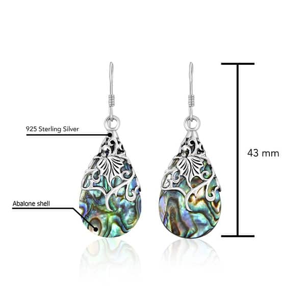 Handmade Floral Vine Ornate Teardrop Natural Shell and Stone .925 Silver Earrings (Thailand)