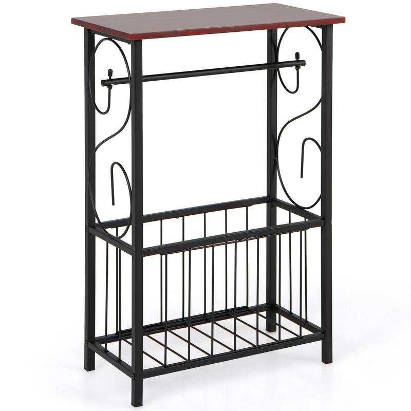 Brown Small Side End Table with Storage Basket and Black Steel Frame for Bedroom or Bathroom - 14.5" x 8" x 21.5" (L x W x H)