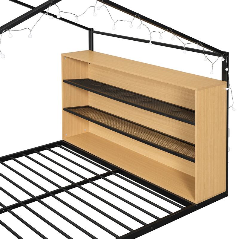 Full Size Metal Bed House Bed Frame with Shelves and Lights, Black