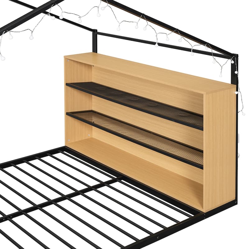 Metal Wood House Bed Frame with Shelves and Lights