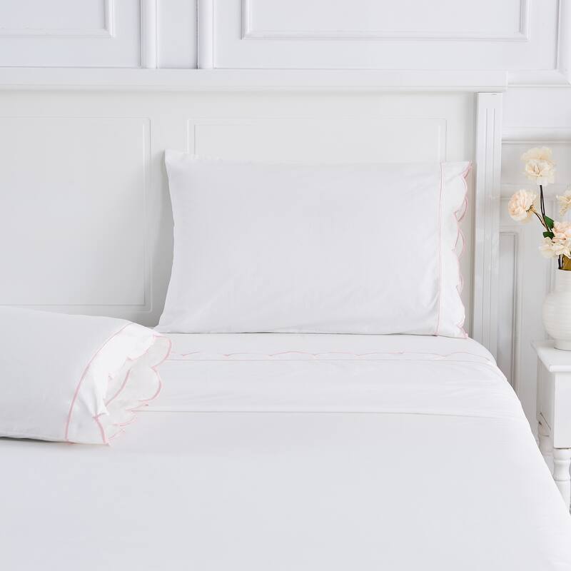 Percale Cotton Scalloped Embroidered Crisp Sheet Set
