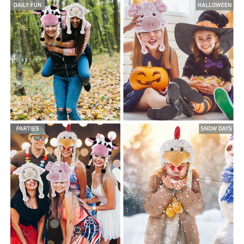 Dollibu Collection of 4 Farm Animal Super Soft Hats With Ear Flaps