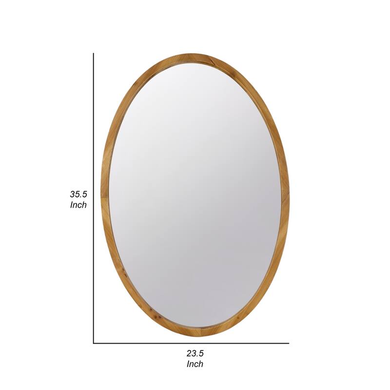 33 Inch Modern Accent Wall Mirror, Mountable Oval Wood Frame in Brown