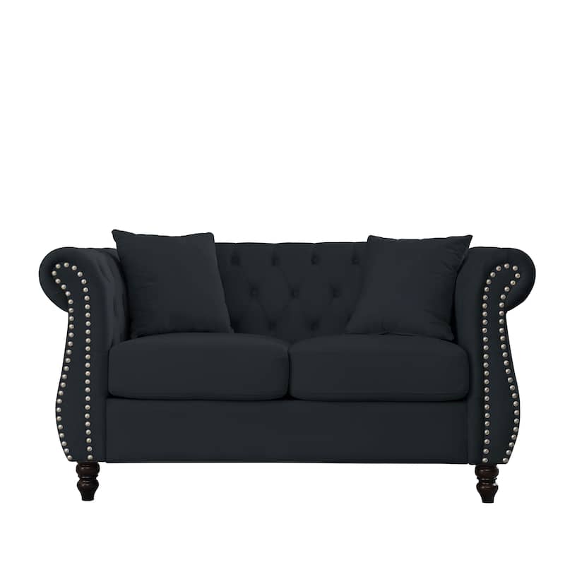 58.8" Chesterfield Sofa Black Velvet for Living Room, 2 Seater Sofa Tufted Couch with Rolled Arms and Nailhead for Living Room, - N/A
