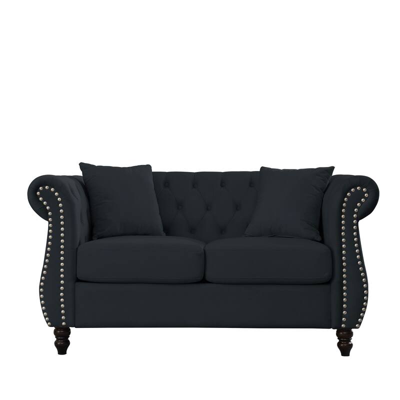 Chesterfield Velvet Button Tufted Sofa with Nailhead Rolled Armrests - Black