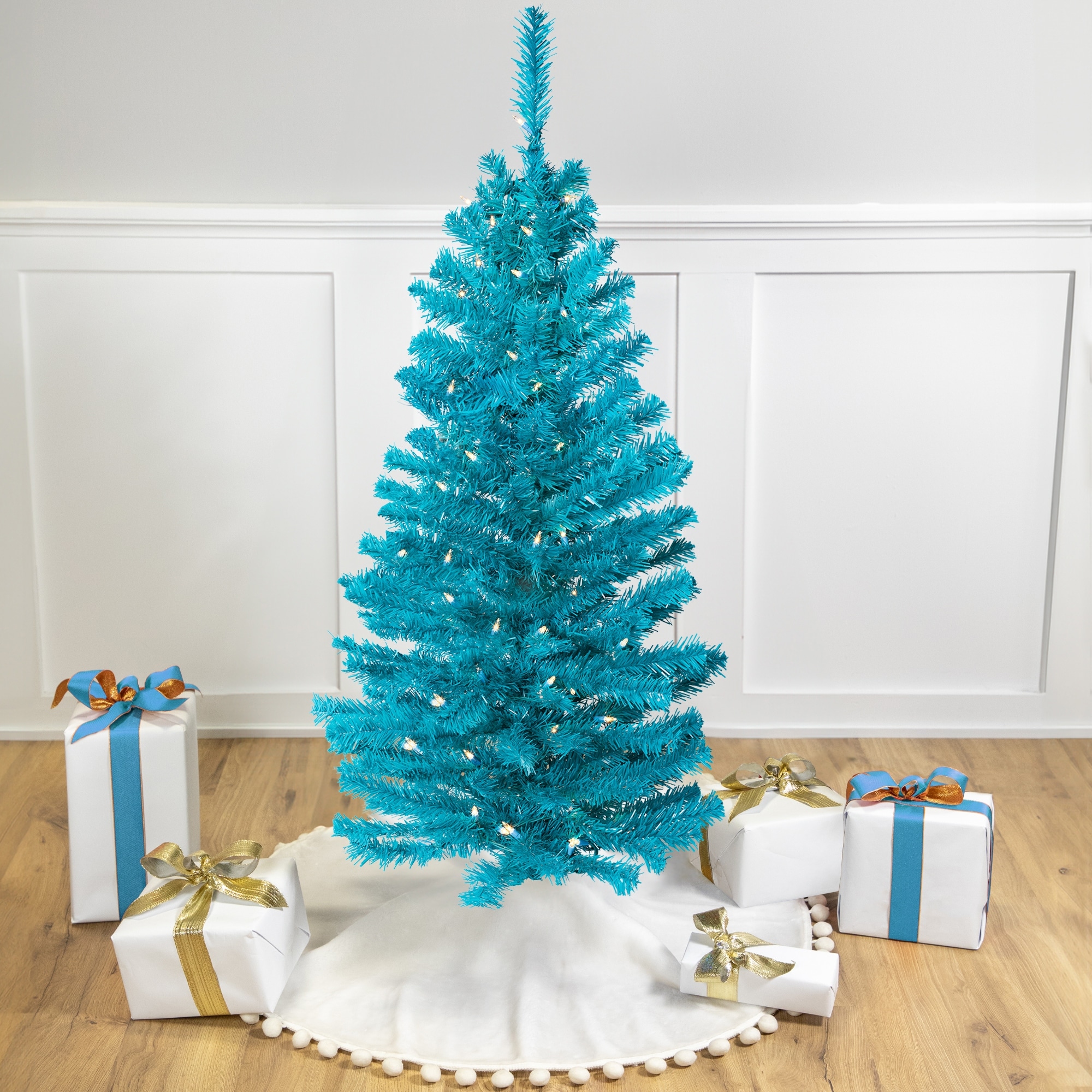 Medium Artificial Pine Christmas Tree 4' Turquoise Clear Lights - 4 Foot