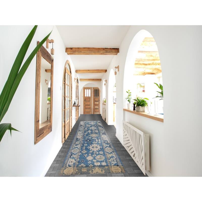 Hand Knotted Oriental 100% Wool Carpet Transitional All-Over Navy Blue & Blues Oushak Runner Rug - 16' 7'' X 2' 7''