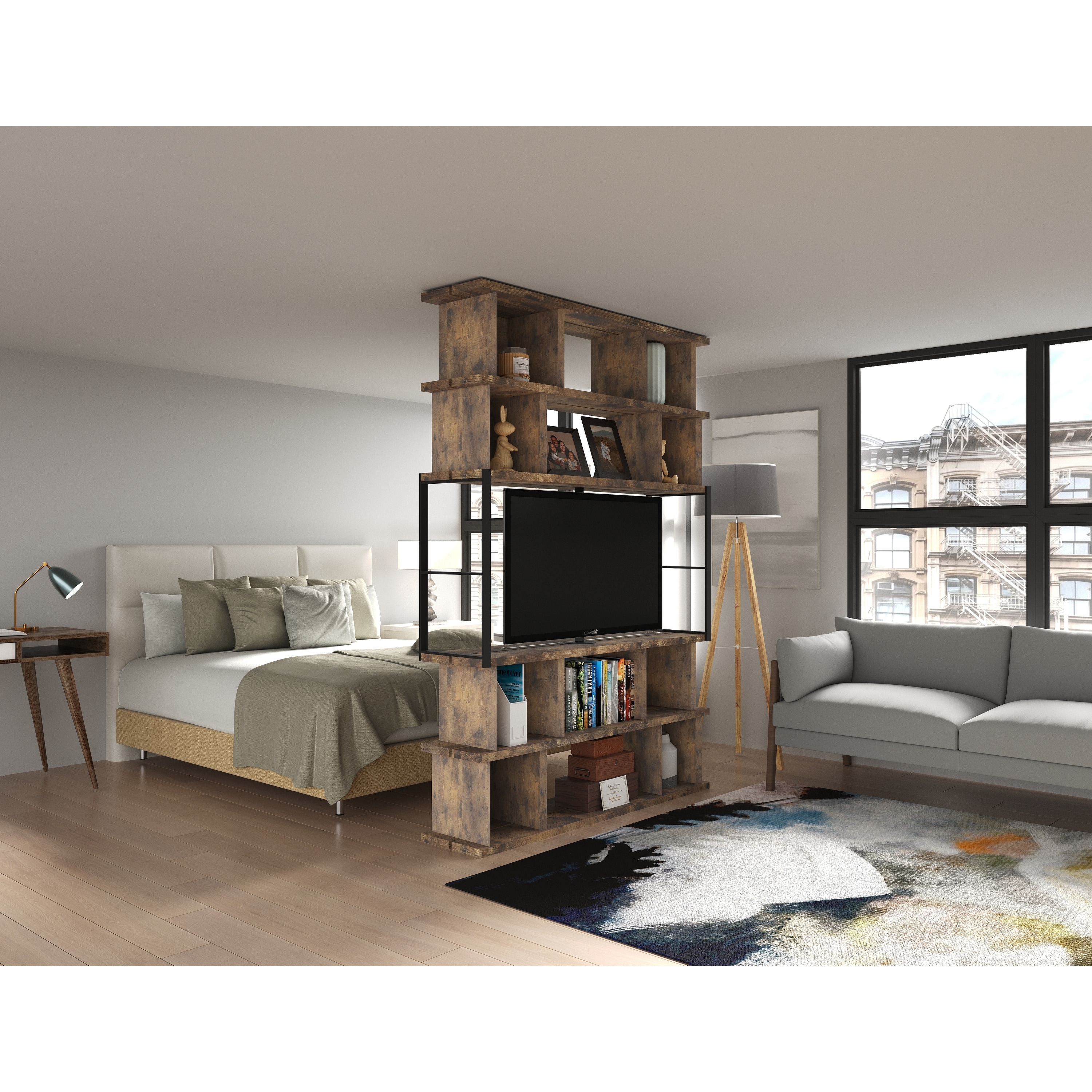 Davee Modern Industrial 86" Room Divider TV Stand with Open Shelving - 86.22'' x 61.42'' x 12.6''