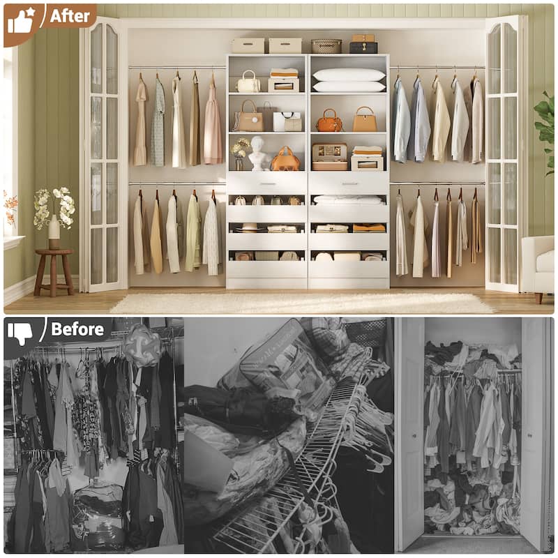 Qvella 95''-136'' W Closet System with 8 Wooden Drawers and 4 Hanging Rods, Walk-in Closet Organizer with 6 Storage Shelves