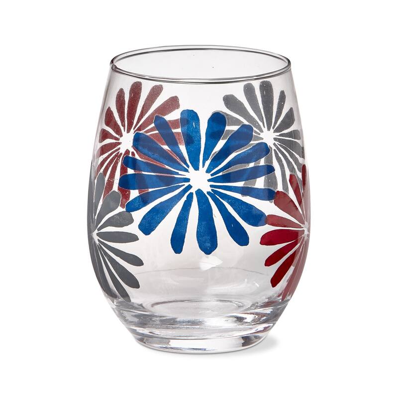 18 oz. Very Groovy Bright Red Blue Flower Glass Stemless Wine Drinkware Dishwasher Safe Beverage Glassware Dinner Party