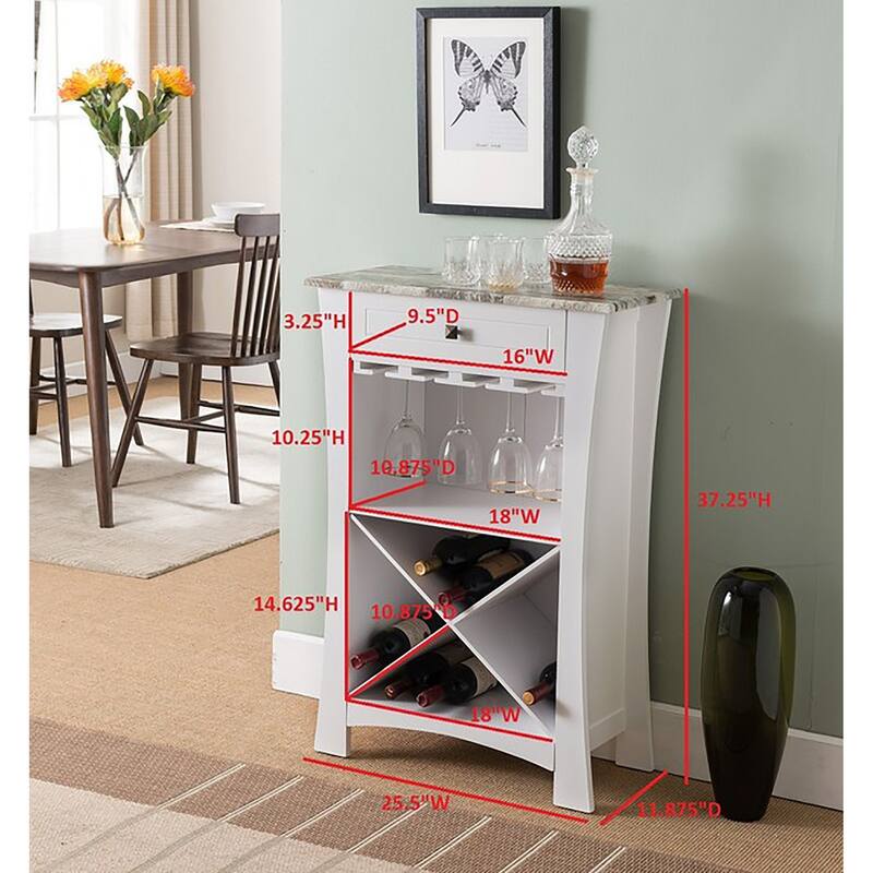 Bar Cabinet Wine Storage With Glass Holders & Drawer, White