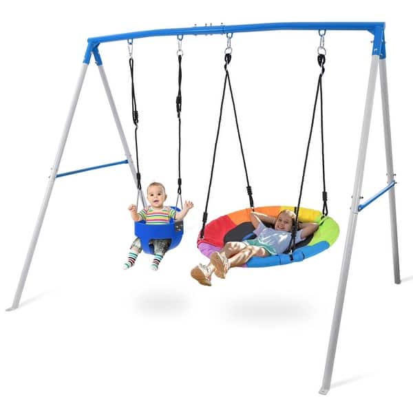 slide 2 of 11, Trekassy 440lbs Heavy-Duty A-Frame Metal Swing Set, 2-in-1 Saucer & Toddler Swing for Backyard Playground
