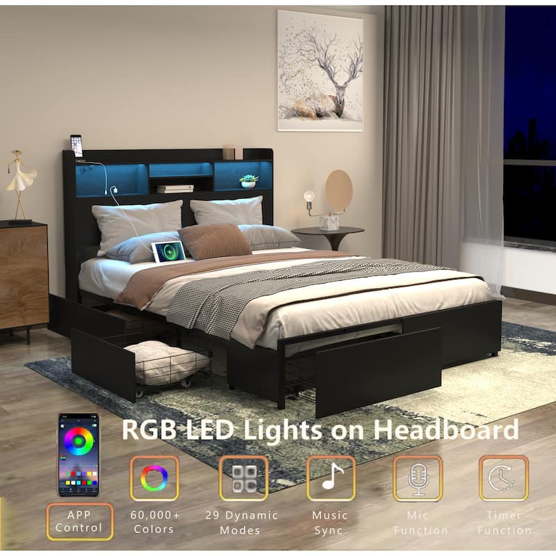 Bed Frame with 6 Storage Drawers, LED Headboard Shelf, Fast Charging Station, Heavy Duty Metal Platform No Box Spring Needed