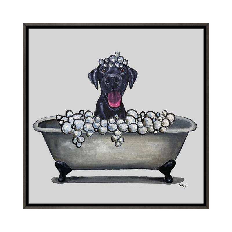 iCanvas "Dogs In The Tub Series, Black Lab In Bathtub" by Hippie Hound Studios Framed - Charcoal - 12x12