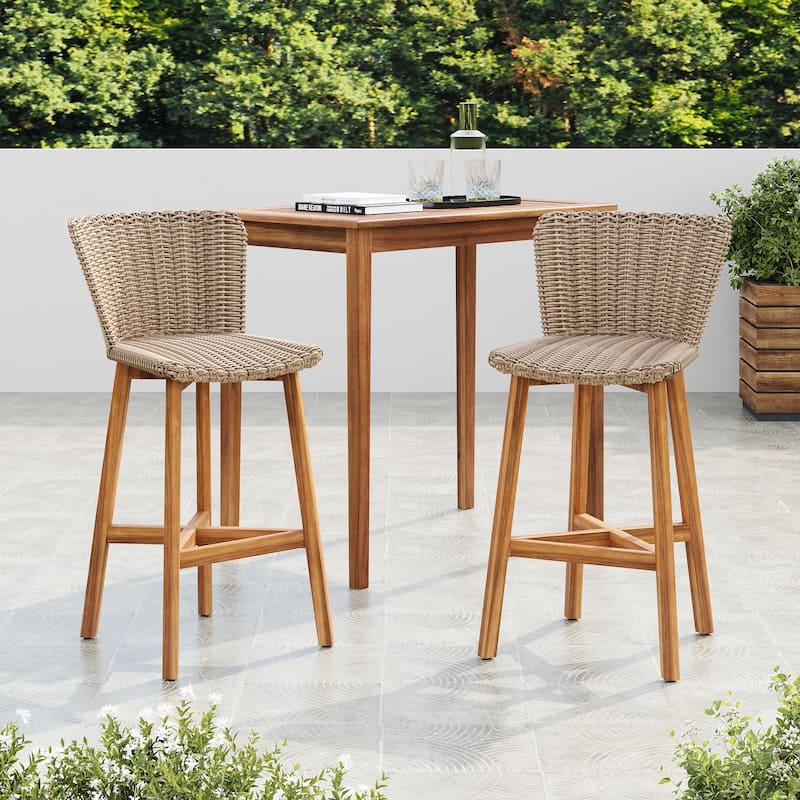 Christopher Knight Home - Lina Acacia and Rattan Outdoor Barstool (Set of 2) - Teak Finish+Light Brown