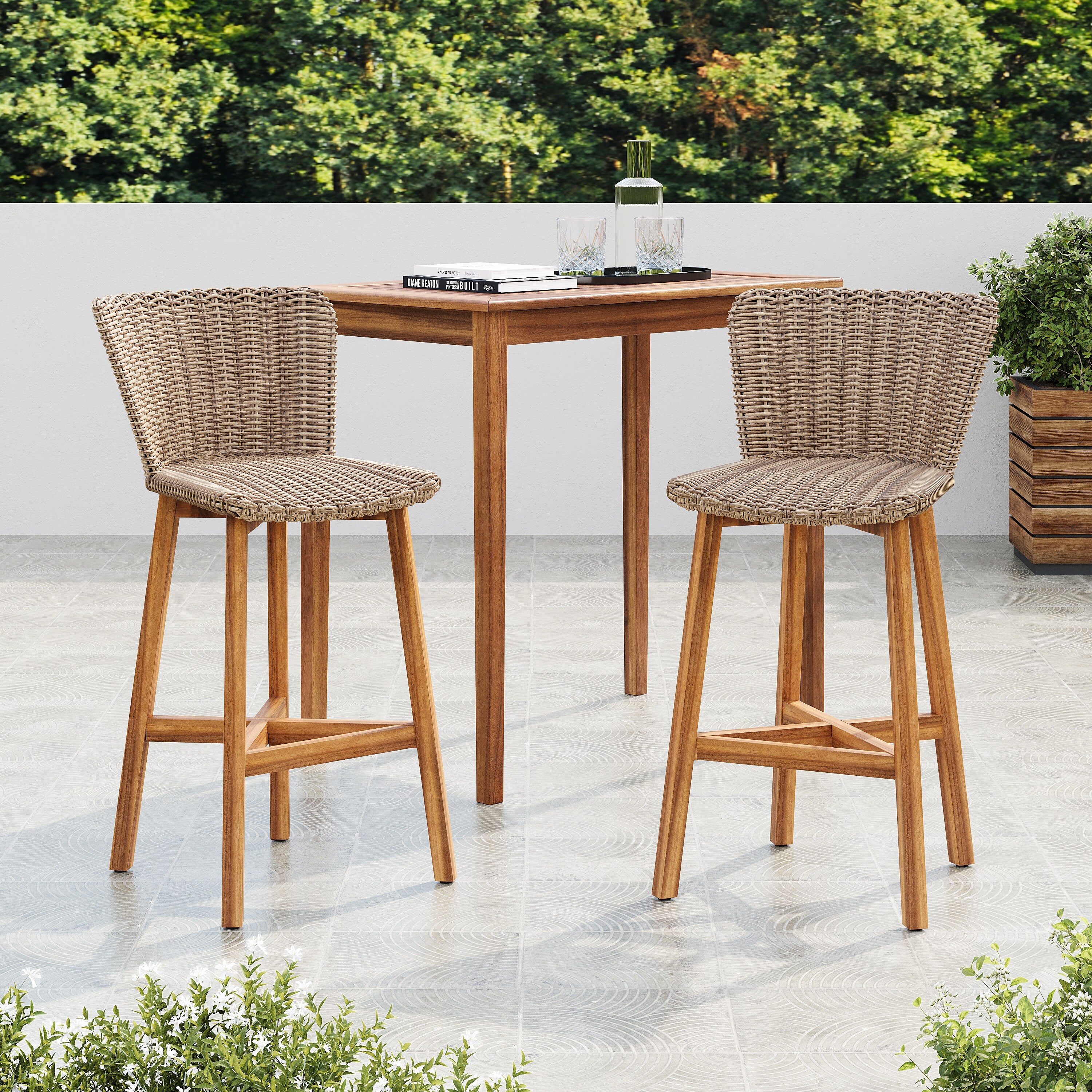 Christopher Knight Home - Lina Acacia and Rattan Outdoor Barstool (Set of 2)