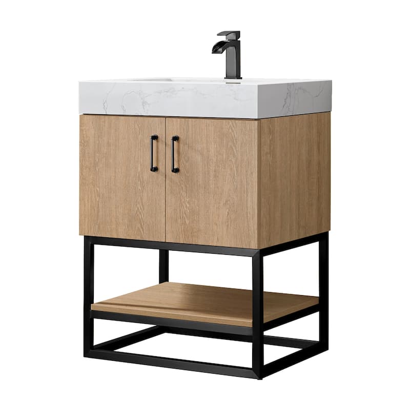 Alistair Single Bath Vanity with White Grain Stone Top without Mirror - 24" - North American Oak(Black Hardware)
