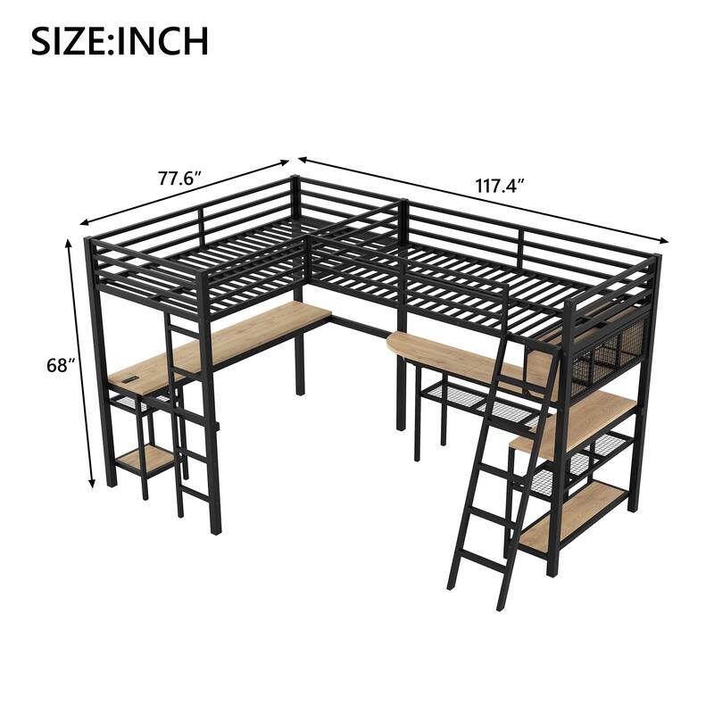 Roomfitters Metal Twin L-Shaped Loft Bed with 2 Desks, LED Lights and Charging Station, Black