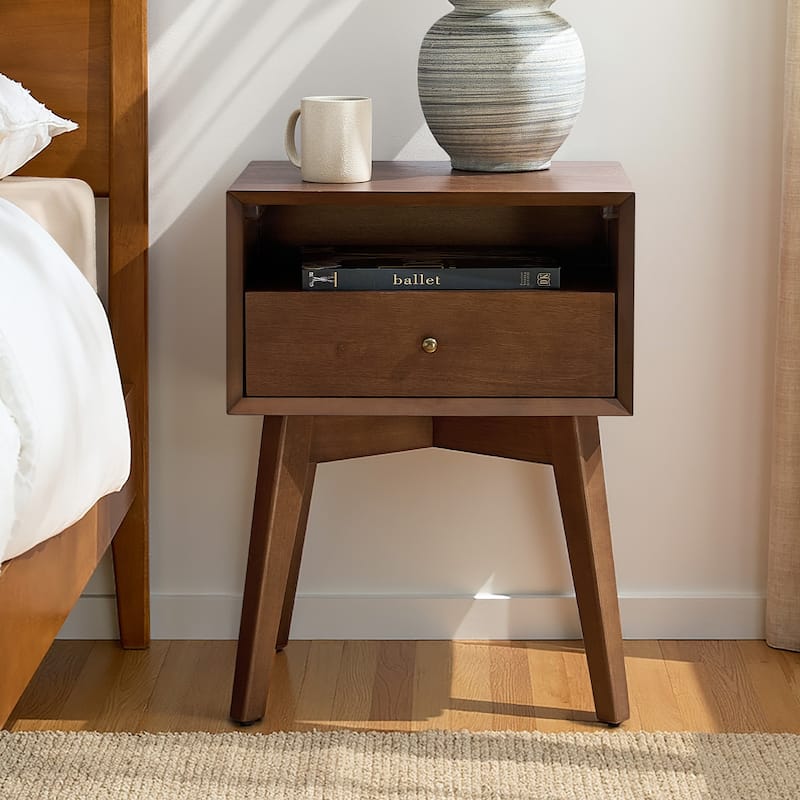 Randolf 18"W Mid-Century Modern 1-Drawer Solid Wood Nightstand with Built-In Outlets By HULALA HOME