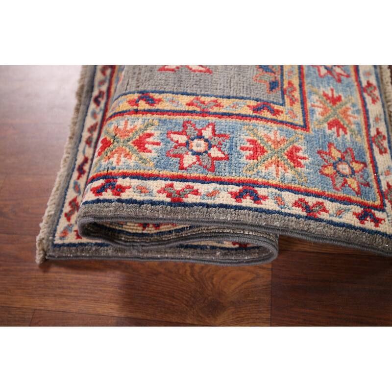Gray Geometric Kazak Oriental Foyer Rug Hand-Knotted Wool Carpet - 2'0" x 3'0"