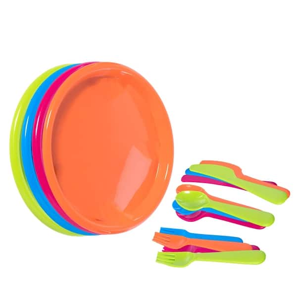 slide 2 of 7, Reusable Cutlery Set of 4 Plastic Plates, Spoons, Forks and Knives Multi