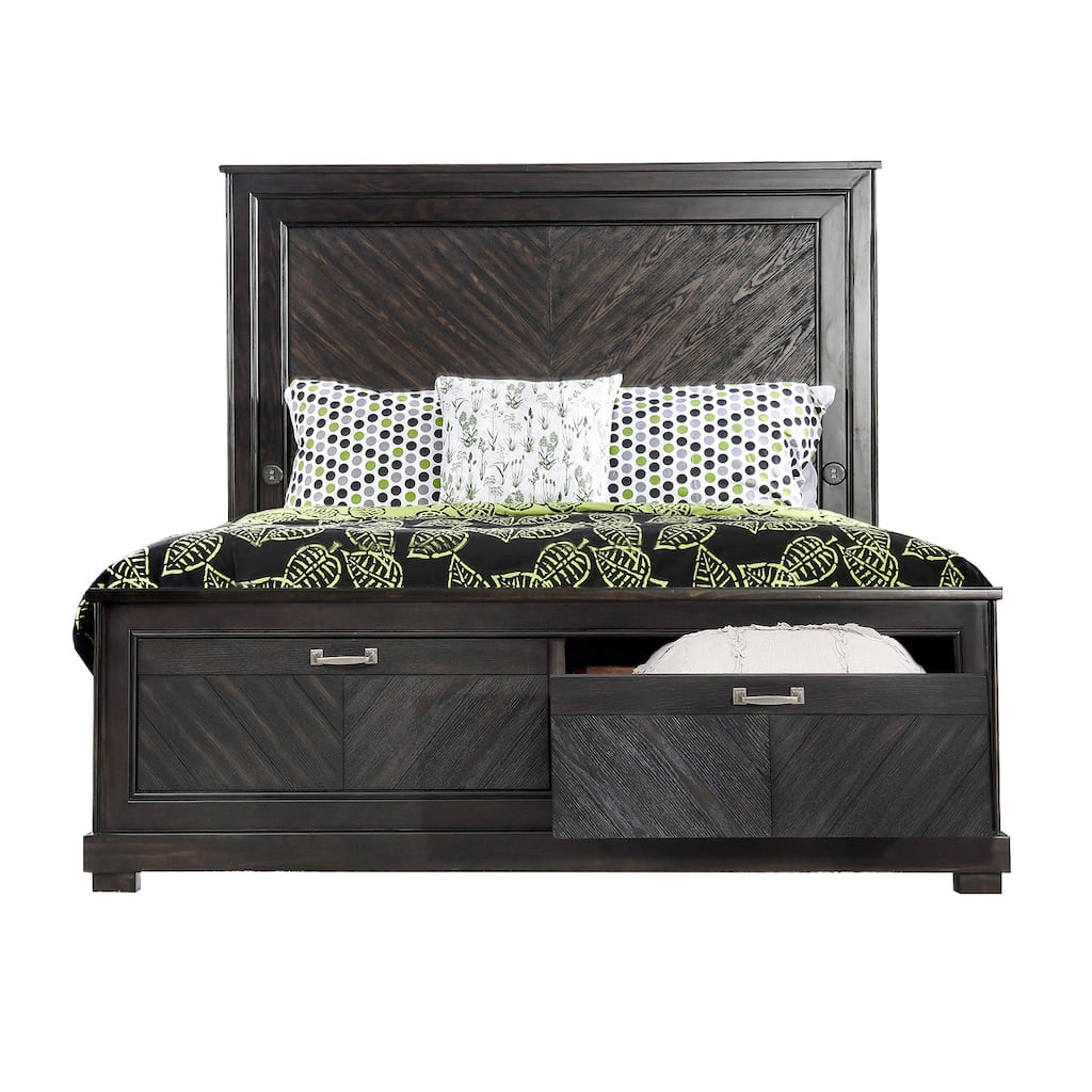 Plank Design Transitional Queen Bed with USB and Storage, Espresso Brown