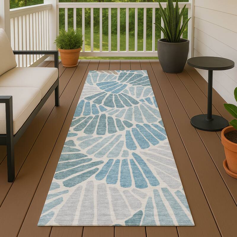 Machine Washable Indoor/ Outdoor Floral Modern Chantille Rug - Teal - 2'3" x 7'6"