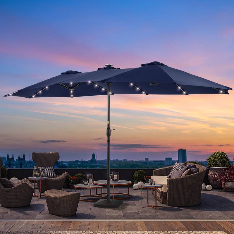 Livoosun 15×9FT LED Double-sided Patio Umbrella with BASE UPF50+ and Handle, and Wind-Resistant Design - Navy Blue