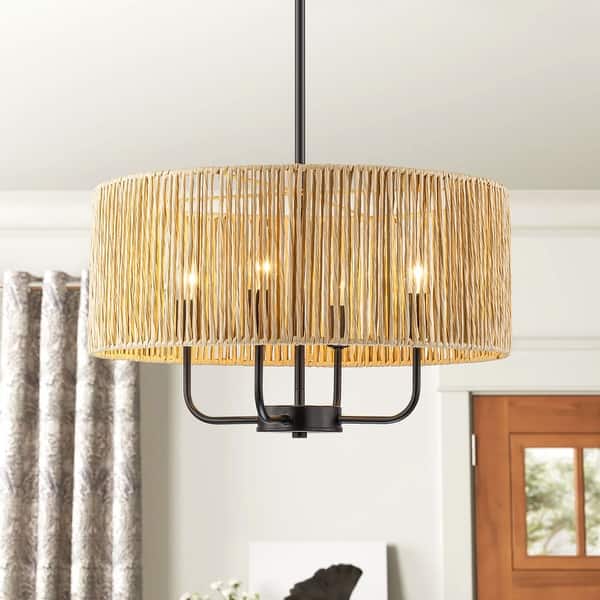 slide 2 of 10, 4 - Light Coastal Hand-woven Drum Chandelier - 19.7 in. W x 90.6 in. H 19.7 in. W x 90.6 in. H - Brown/Matte Black/Natural