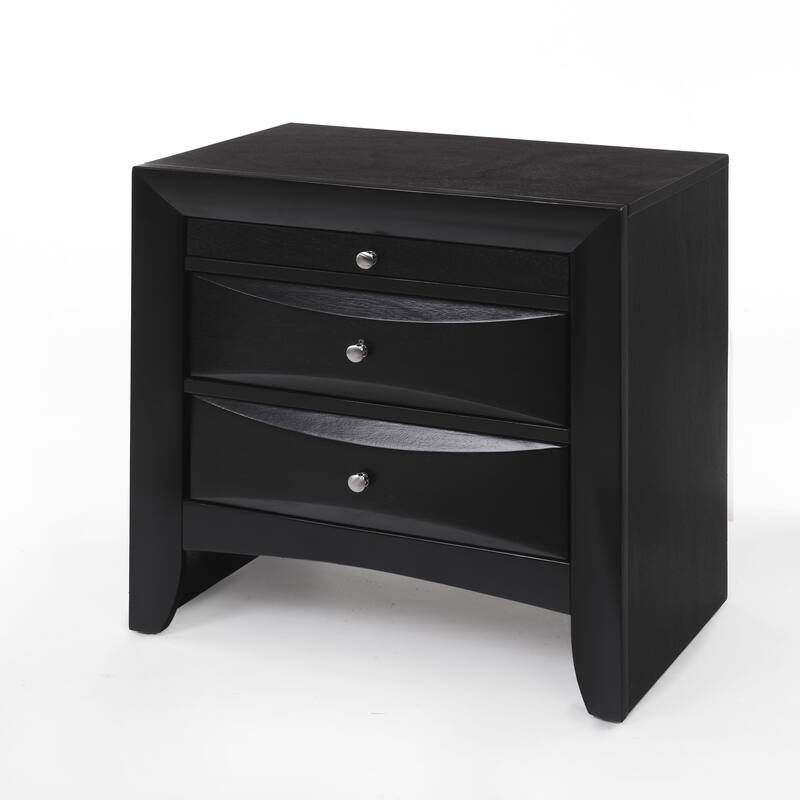 Elegant Black Nightstand with Two Drawers and Brushed Nickel Knob, Okume Veneer Top