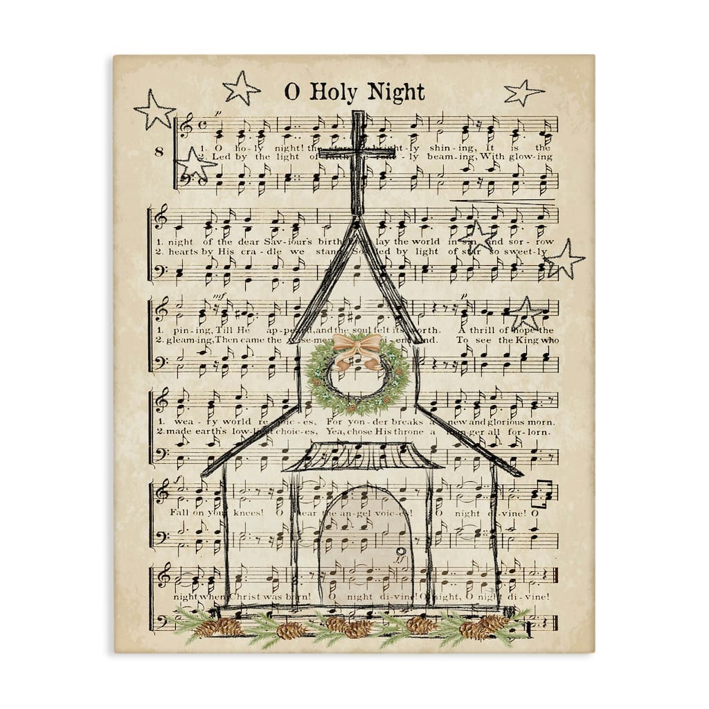 Stupell Festive Winter Church Holy Night Musical Script Canvas Wall Art - Tan
