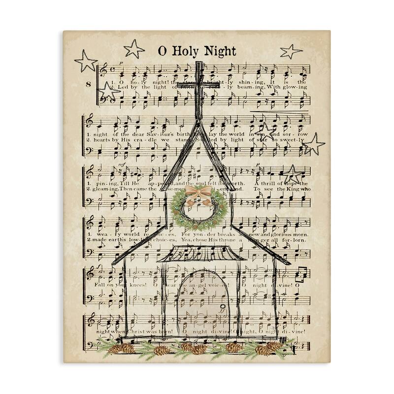 Stupell Festive Winter Church Holy Night Musical Script Canvas Wall Art - Tan - 24 x 30