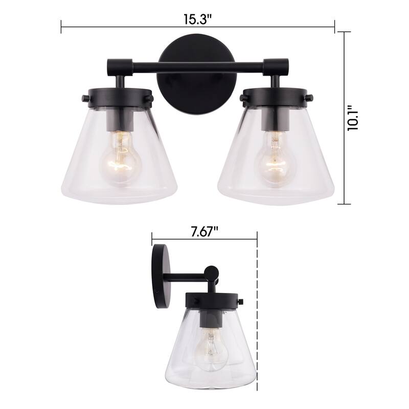 Glam Modern Farmhouse 2-Light Black Vanity Light - 15.3"L x 7.67"W x 10.1"H