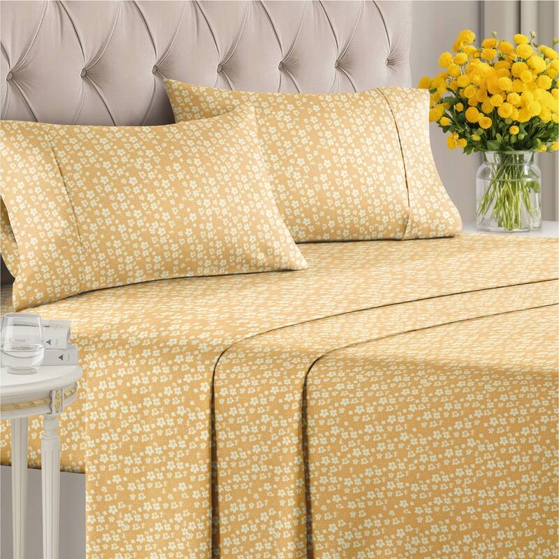 CGK Linens Luxurious 4 Piece Floral Sheet Set,Deep Pocket, Soft, Wrinkle-Resistant Pastel Botanical Bed Sheets - Queen - Yellow Meadow