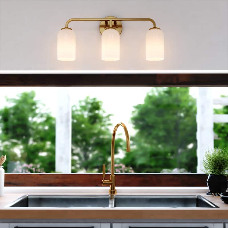 Shelby Gold Brass Transitional Bathroom Vanity Light Fixture White Glass