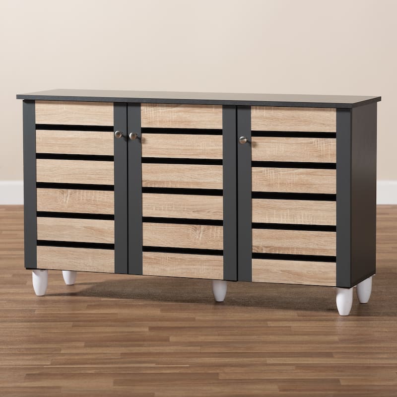 Contemporary 3-door Slatted Wood 14-pair Shoe Storage Cabinet