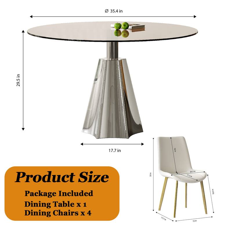 5-Piece Round Dining Table Set, 35 Inch Tempered Glass Top with Silver Base & 4 Ergonomic Chairs for Small Space