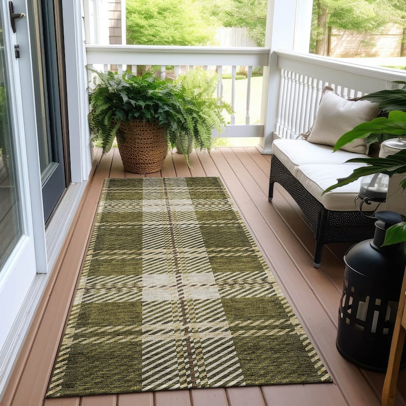 Machine Washable Indoor/ Outdoor Chantille Plaid Cozy Rug - Olive - 2'3" x 7'6"
