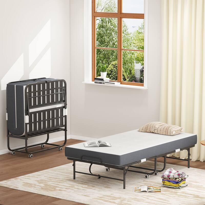 75inch x 38inch Twin Folding Bed with 3.7inch Memory Foam Mattress, Portable Foldable Extra Bed for Guests, Sturdy Metal Frame