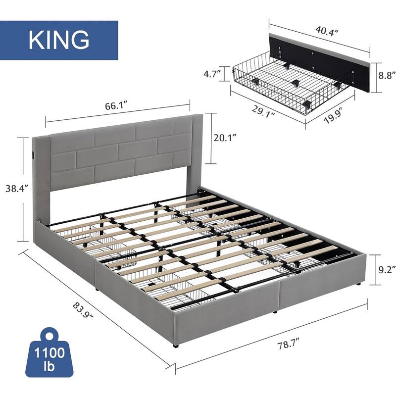 VECELO Upholstered Storage Bed Frame with 2 Side USB Ports and 4 Big Space Drawers, Velvet Headboard and Charging Station-Ports
