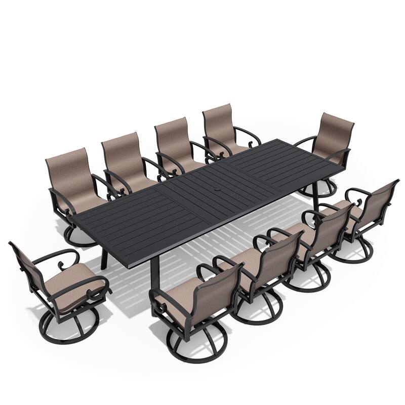 7/9/11-Piece Aluminum Patio Dining Set Sunbrella Swivel Chair and Dining Table with Umbrella Hole - Augustine Ashe - Set of 11