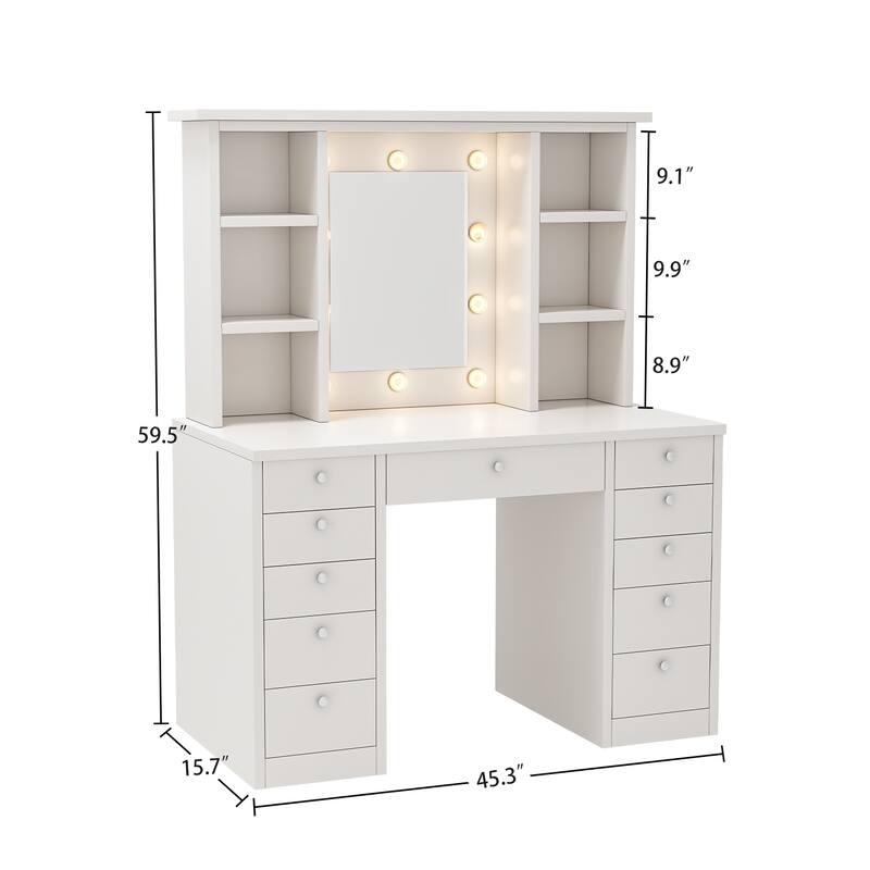 Vanity Desk with LED Lighted Mirror, Vanity Table Set with Drawers and Open Shelves, Makeup Table with 3 Lighting Modes