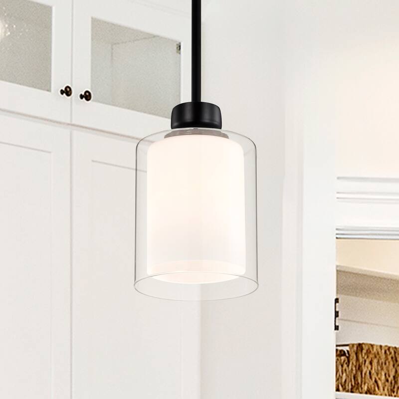 Daley 1-Light Matte Black Double Shaded Mini Pendant Light with Clear Glass and White Glass Shades - 1-PACK
