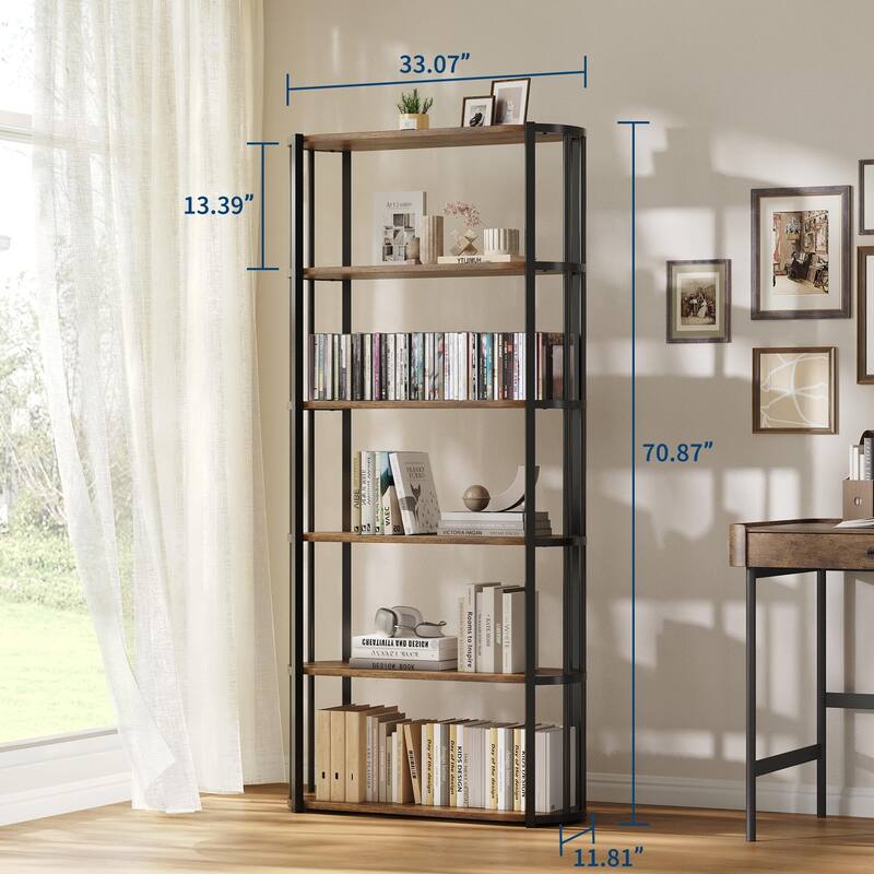 71 Inch Industrial Wooden Bookshelf - 6 Tier Tall Bookcase, Metal Frame Large Storage Shelf
