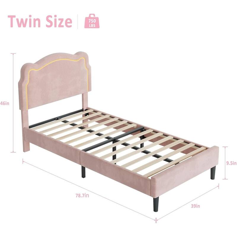 Twin Size Upholstered LED Velvet Platform Bed Frame with Bear-Shaped Headboard