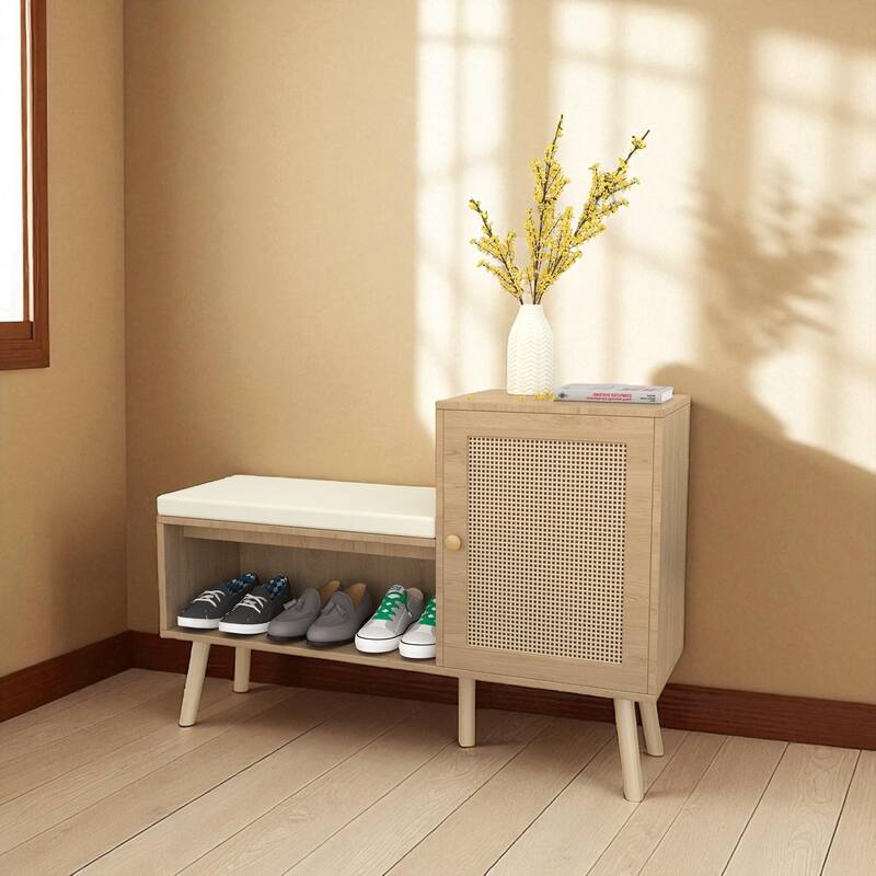 2-in-1 Shoe Storage Bench with Faux Rattan Doors, Adjustable Shelves & Removable Cushion for Entryway or Hallway