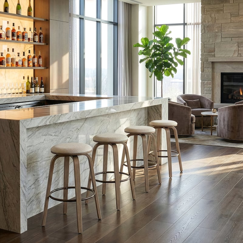 Beatus Beige Woven Fabric Bar Stool with Natural Wood Legs